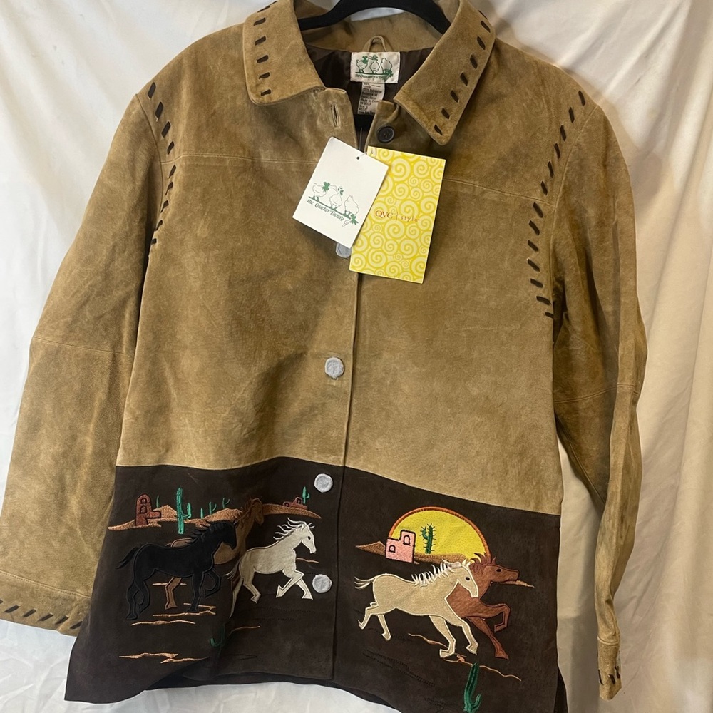 The Quacker Factory Women Lether Long Sleeve Button Up with Western Design-Large